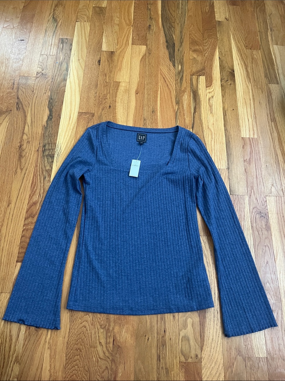 GAP Women's Denim Blue Ribbed Scoop-Neck Long Sleeve Top